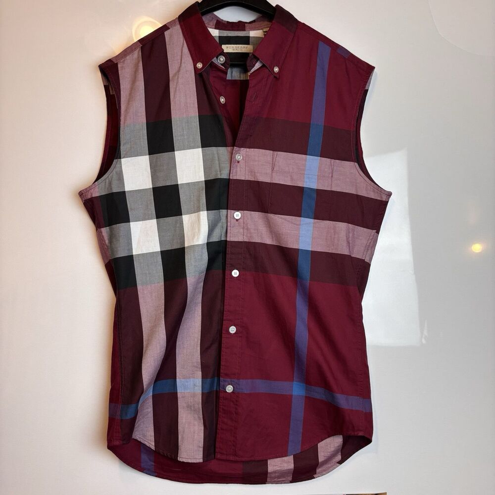 Burberry Brit Plaid Print Short Sleeve Shirt Muscle Tank Mens Small Red AUTH